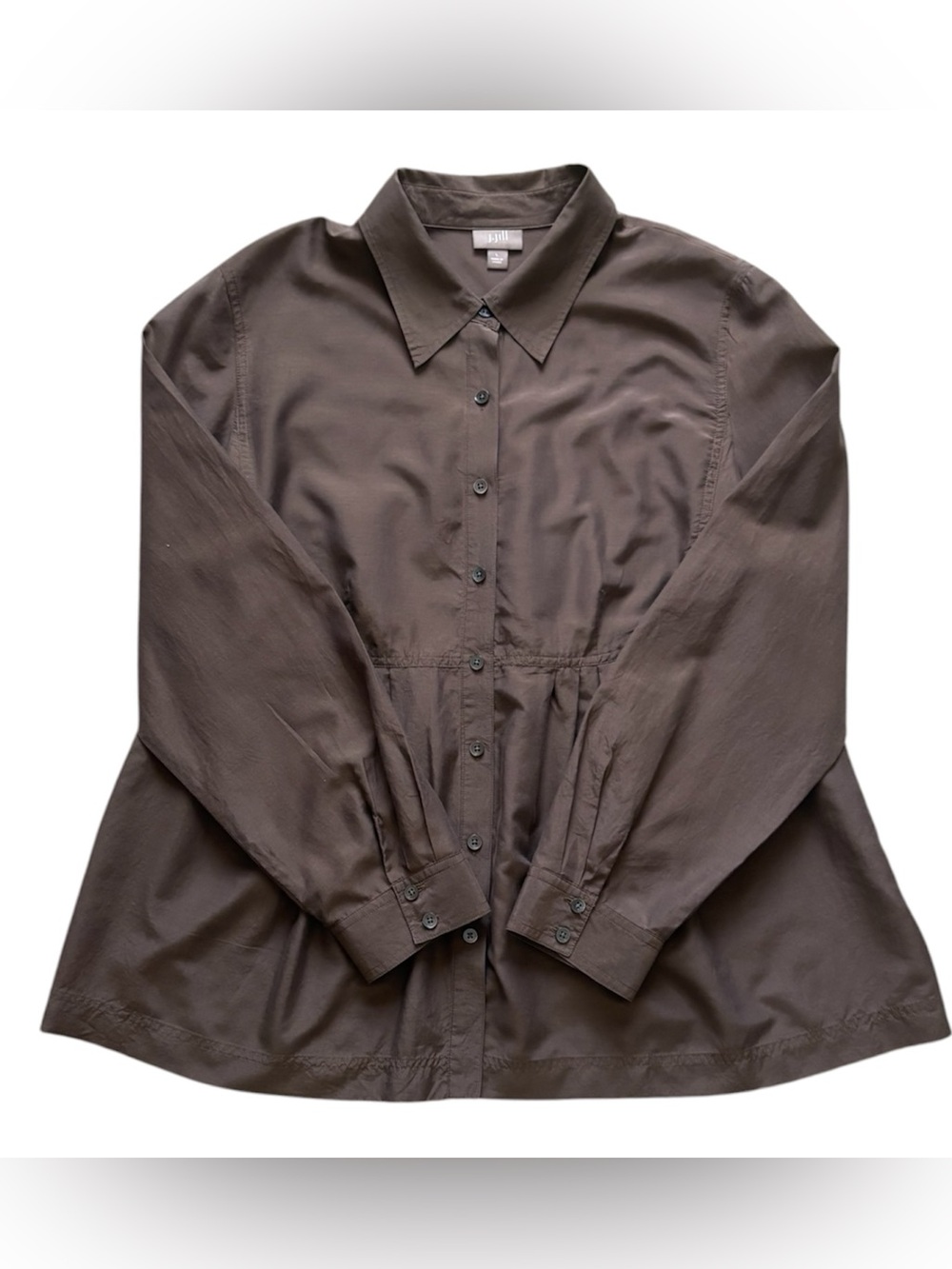 J. Jill Silk Blend Button Down Taupe Brown Empire Waist Blouse Romantic Office - Picture 8 of 10
